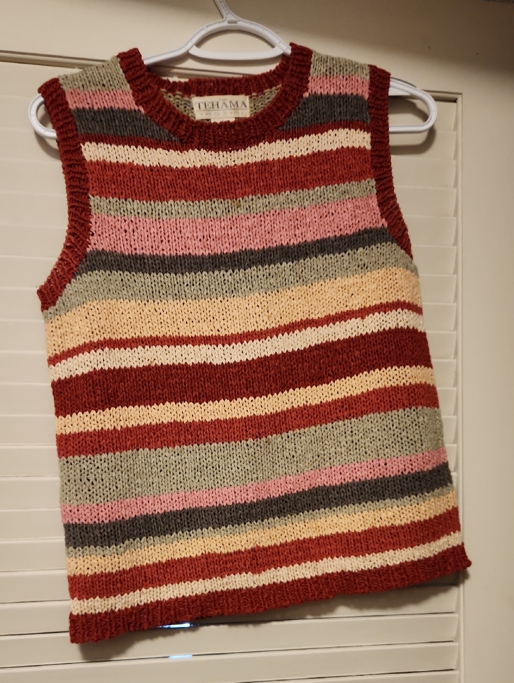 TEHAMA Red Multi-Striped Sleeveless Crewneck Sweater